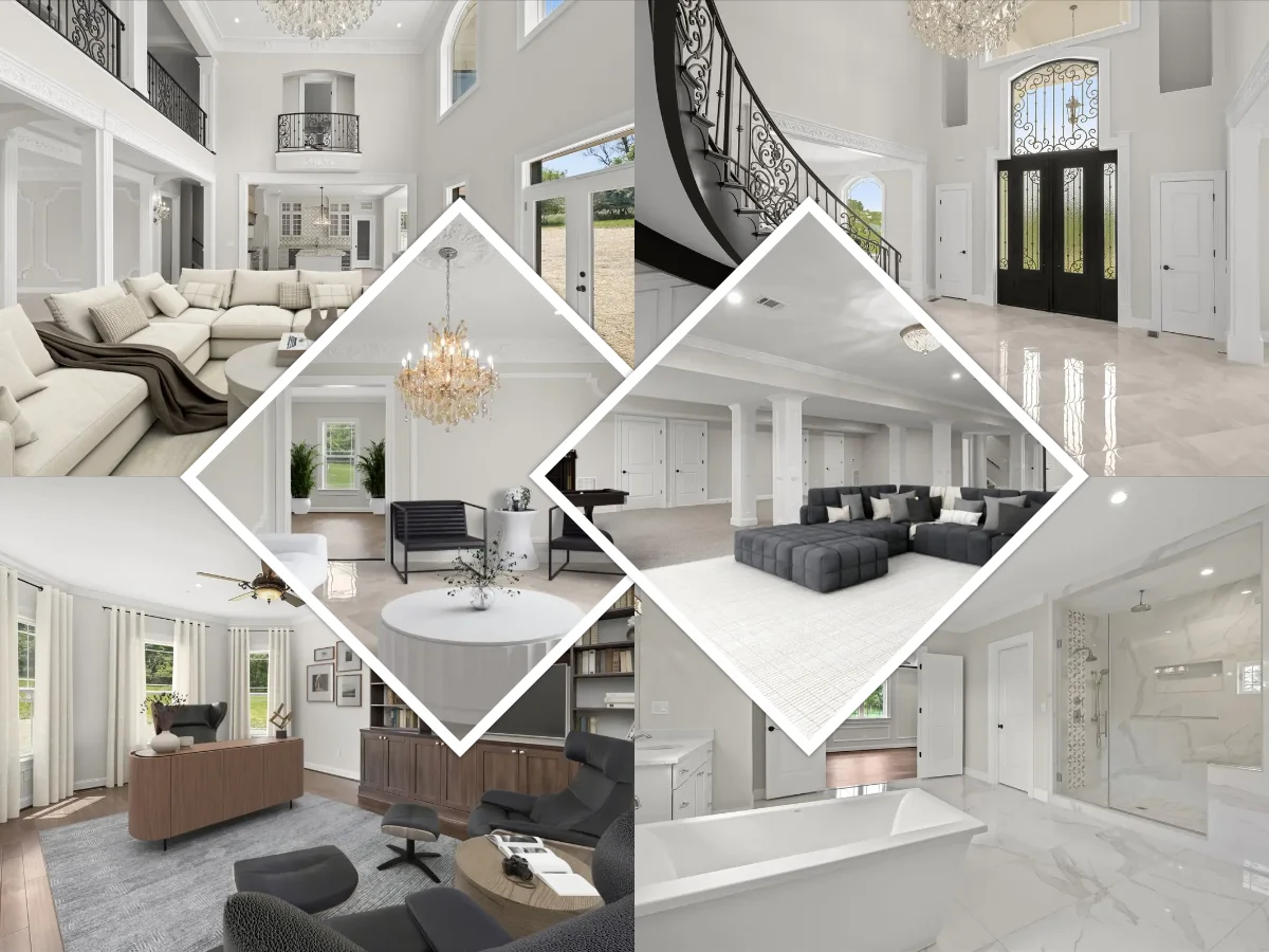 A collage showcasing various luxurious home interiors, including a grand living room, elegant staircase, spacious entryway, modern basement lounge, cozy study, and a sophisticated bathroom.